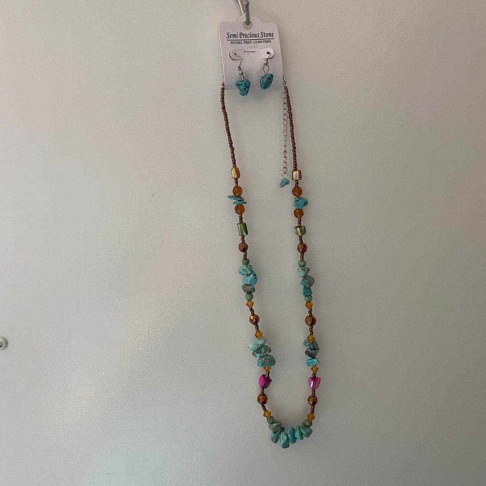 Turquoise beaded necklace and earrings